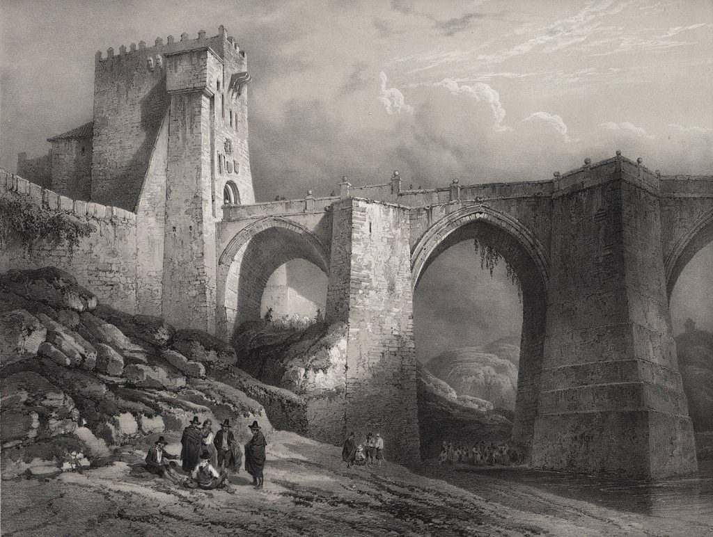 Vista del puente de San Martín de Toledo en el tercer volumen de España artística y monumental (1850). Litografía a partir de un dibujo de Genaro Pérez de Villa